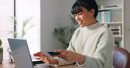 Image showing Woman laptop banking, online shopping and budget payment for bills, money and credit card cash with ecommerce in work from home office. Happy freelancer, fintech finance and digital internet trading