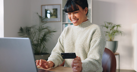 Image showing Woman laptop banking, online shopping and budget payment for bills, money and credit card cash with ecommerce in work from home office. Happy freelancer, fintech finance and digital internet trading