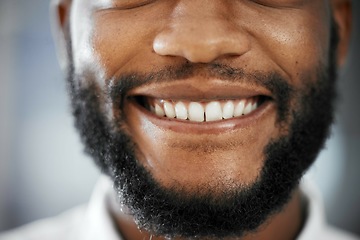 Image showing Cropped closeup, black man and smile with teeth, happiness and excited for dental healthcare. Macro headshot, healthy mouth and oral hygiene by blurred background for medical cleaning, goal and ideas