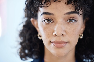 Image showing Black woman, headshot portrait and office for vision, focus or motivation for job in finance company. Young gen z worker, face or thinking for career goal, mission or ambition for success at agency