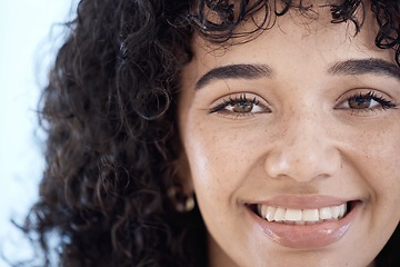 Image showing Business woman, face and smile with success and professional portrait, corporate goals with vision. Closeup, happy in career and female leadership with empowerment, positive mindset in Brazil