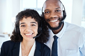 Image showing Happy, portrait and customer service consultants in the office working on a crm consultation online. Happiness, smile and interracial telemarketing colleagues taking a picture together in workplace.