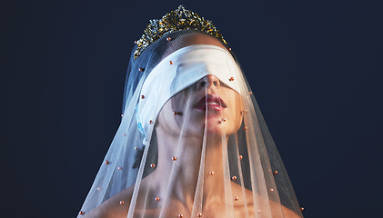 Image showing Blindfolded, princess and woman in veil studio for creative, fashion or artistic aesthetic on black background. Model, medieval and crown beauty by girl model in luxury, fabric and elegant clothing