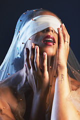 Image showing Blindfolded, veil and woman in studio for creative, fashion and artistic aesthetic on black background. Model, blind and covered vintage beauty by girl model with luxury, fabric and elegant clothing