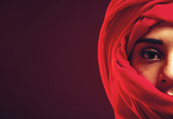 Image showing Muslim, eyes and portrait of woman in studio with hijab, mockup and modest beauty on black background. Islamic, face and Arab girl model relax in mysterious, aesthetic and confidence while isolated