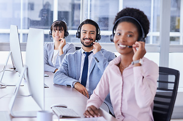 Image showing People, call center and portrait smile in contact us for telemarketing, customer support or service at office. Group of consultants smiling with headset in CRM agency for online advice, team or help