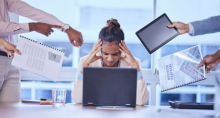 Image showing Stress, headache and business woman with group of people for multitasking, workload or chaos in office. Overwhelmed, burnout and corporate employee suffering pressure with team, compliance or report