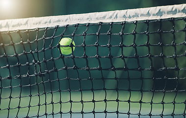 Image showing Tennis ball, air and net outdoor with space for mockup, blurred background and sunshine. Summer, sport equipment and mock up for training, fitness or exercise at game, contest or competition at court