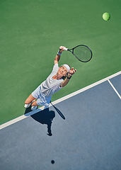 Image showing Tennis serve, sport and woman on outdoor court, fitness motivation and competition with athlete training for game. Workout, healthy and player on turf, active with exercise and sports action top view