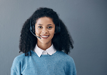 Image showing CRM, customer service portrait or happy black woman in mockup for call center deal, support or telemarketing in studio background. Callcenter consultant face for contact us, telecom or sales network