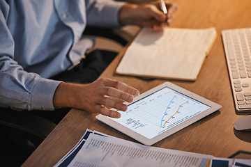 Image showing Chart, writing and tablet with hands of businessman for planning, data analytics and profit growth. Review, strategy and economy goal with employee reading digital graph for marketing statistics