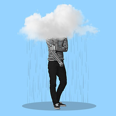 Image showing Man, cloud and rain for depression art, mental health or sad by blue background with shadow on silhouette. Young gen z guy, punk aesthetic and depressed with clouds overlay, frustrated and anxiety