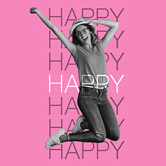 Image showing Happy woman, jump and freedom with motivation words, overlay with carefree youth on inspirational poster on pink background. Energy, free and happiness, portrait and action with advice and text