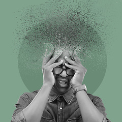 Image showing Art, mental health and man illustration in studio for depression, anxiety and stress on green background space. Mind, sketch and art deco of male with bipolar, crisis or abstract, soul or psychedelic