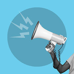 Image showing Megaphone, hand and icon for protest, communication and change in world, community and blue background. Human rights speaker, equality and politics with animation overlay for justice, vote and voice