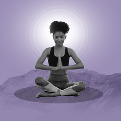 Image showing Zen, meditation and black woman on poster, mountain on purple background and lotus pose in balance. Art, yoga advertising and creative collage design for wellness, calm and spiritual lifestyle studio
