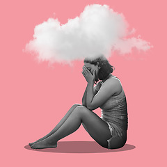 Image showing Depression, cloud and art with woman on a studio floor for mental health, stress or anxiety on pink background. Decoration, illustration and sad, crying girl with mind, psychology and crisis isolated