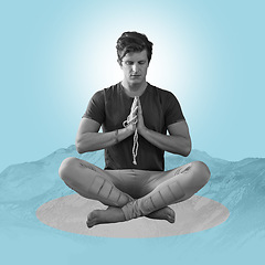 Image showing Zen, meditation and man on poster, mountain on blue background and yoga pose in balance. Art, advertising and creative collage design for health, wellness and calm, spiritual lifestyle studio mock up