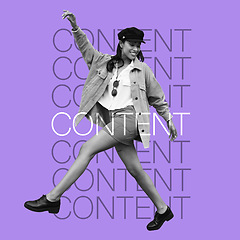 Image showing Happy woman, fashion influencer and words of motivation, overlay and pose on inspirational poster on purple background. Energy, free and dancing, female is content with style and beauty with text