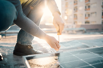 Image showing Solar panel, industrial worker and construction hands for renewable energy and electricity. Community innovation, roof work and engineering employ install eco friendly and sustainability product