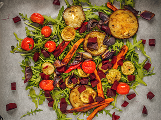 Image showing Grilled vegetables on rocket bed