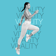 Image showing Woman, running and fitness with words and motivation overlay, vitality and runner jump on inspirational poster on blue background. Energy, free and run, body and action with cardio workout and text