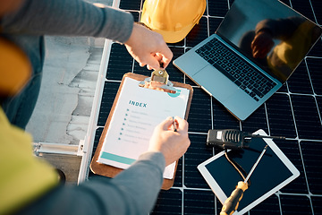 Image showing Planning, solar panels and checklist with hands of man for engineering, sustainability and renewable energy. Writing, inspection and industry with engineer and installation on roof for electricity