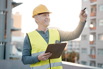 Image showing Clipboard, city and man construction worker planning on a building for maintenance, renovation or repairs. Leadership, contractor and senior male industry employee thinking on site with a checklist.