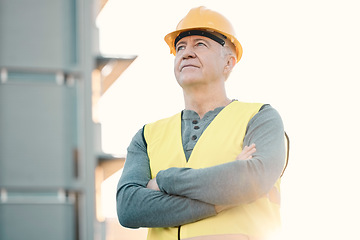 Image showing Construction worker, senior man and architecture, building industry and renovation, contractor outdoor thinking. Property development vision, leadership mindset and helmet for safety at urban site