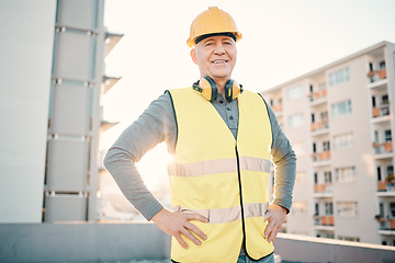 Image showing Construction worker, old man in portrait and architecture, renovation with building industry and outdoor. Property development, success and leader in helmet for safety, builder at work site in city