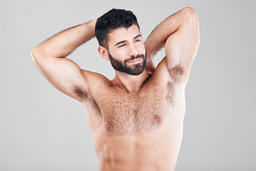 Image showing Fitness, muscles and strong man in studio isolated on a gray background for wellness. Sports, exercise thinking and happy male bodybuilder with idea for workout, training or exercising for strength.