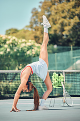 Image showing Woman, tennis court and stretching legs for fitness in sunshine with balance, fashion and sports development. Gen z girl, body and feet in air for back bend workout, training or exercise for wellness