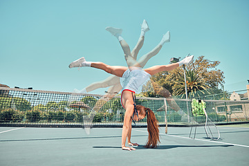 Image showing Woman, tennis and handstand for balance, sport or summer sunshine in motion blur sequence, legs and feet in air. Gen z girl, athlete or training for workout, fitness or goals for strong body at court