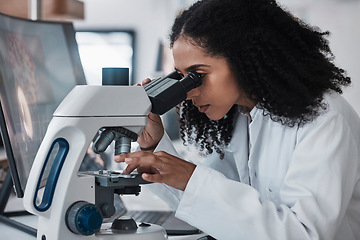 Image showing Science, microscope and slide with a doctor black woman at work in a lab for innovation or research. Medical, analysis and sample with a female scientist working in a laboratory on breakthrough