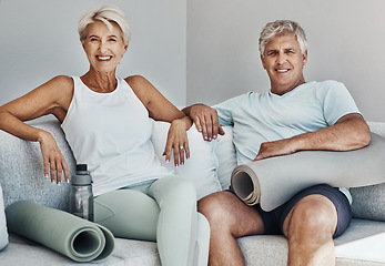 Image showing Fitness, yoga and portrait of senior couple on sofa smile ready for wellness, healthy body and workout. Sports, retirement and happy elderly people with gym mat for exercise, training and pilates