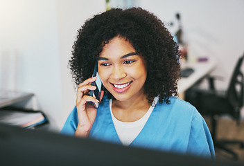 Image showing Phone call, happy and woman nurse in the hospital working on a computer for medical reports. Healthcare, technology and professional African female doctor on a mobile conversation in medicare clinic.