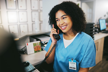 Image showing Nurse, phone call and black woman with happiness at doctor office with a smile. Clinic, healthcare worker and networking of a young person happy about work conversation and health insurance talk