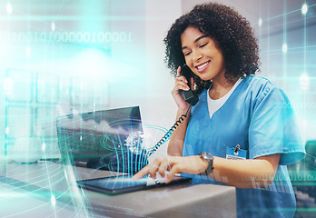 Image showing Doctor, futuristic overlay and black woman on tablet and phone for hospital innovation research. Healthcare, clinic and nurse talking with big data graphic checking digital and medical algorithm