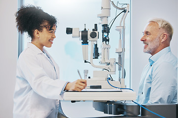 Image showing Vision, eye test and healthcare with a doctor woman or optometrist testing the eyes of a man patient in a clinic. Hospital, medical or consulting with a female eyesight specialist and senior male