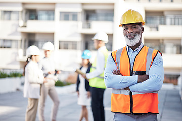 Image showing Portrait, black man arms crossed and outdoor on construction site, smile and manager with confidence. Face, male employee and happy leader with happiness, corporate and new building with renovations