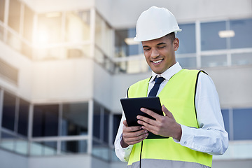 Image showing Engineering, digital tablet and man construction worker on outdoor building site in the city. Happy, smile and male industry worker or contractor working on a mobile device for maintenance management