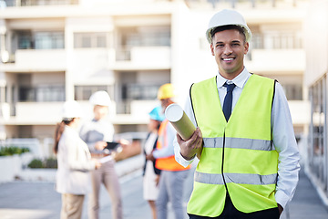 Image showing Portrait, engineering or architect with a blueprint on construction site planning a real estate building. Designer, leadership or happy man with smile or vision of renovation or project management
