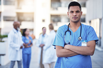 Image showing Proud, portrait and doctor, nurse or medical professional with hospital vision, mission and career integrity. Young healthcare worker, employee or person leadership in clinic or health services focus