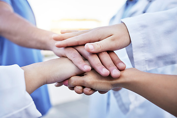 Image showing Healthcare, motivation and hands of doctors for support, partnership and medical success. Teamwork, trust and team of employees in medicine with a gesture for solidarity, commitment and goal