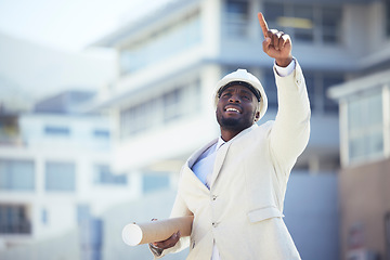 Image showing Engineering, planning and construction worker at an outdoor site managing building, repairs or maintenance. Industry, architect and black man industrial worker working on architecture project in city