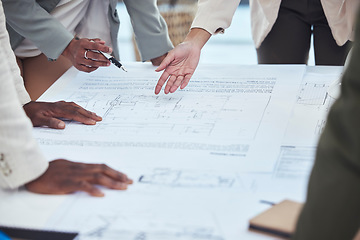 Image showing Architecture, engineering team and hands with blueprint for planning, building strategy and meeting. Construction site, property development and contractors with illustration, design and floor plan