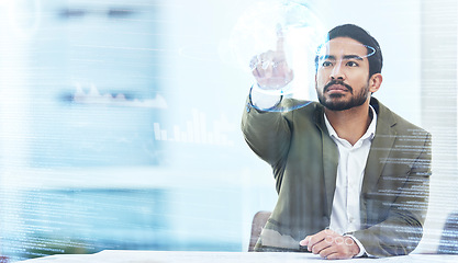 Image showing 3d, overlay and businessman with a world hologram in the office for global data or statistics analysis. Metaverse, interface and professional male employee with virtual reality database in workplace.