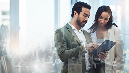 Image showing City overlay, tablet and business people in a office with corporate data and work communication. Working, planning and talking lawyer staff bust with website research, law analysis and digital report