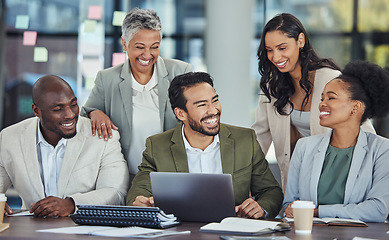 Image showing Success, laptop and happy business people in office for planning, marketing strategy and working together. Teamwork, collaboration and group of workers with computer for report, meeting and project