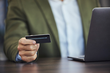 Image showing Online shopping, credit card and hands of businessman with laptop for ecommerce, payment and fintech. Digital finance, stock market and male with computer for business budget, investment and banking